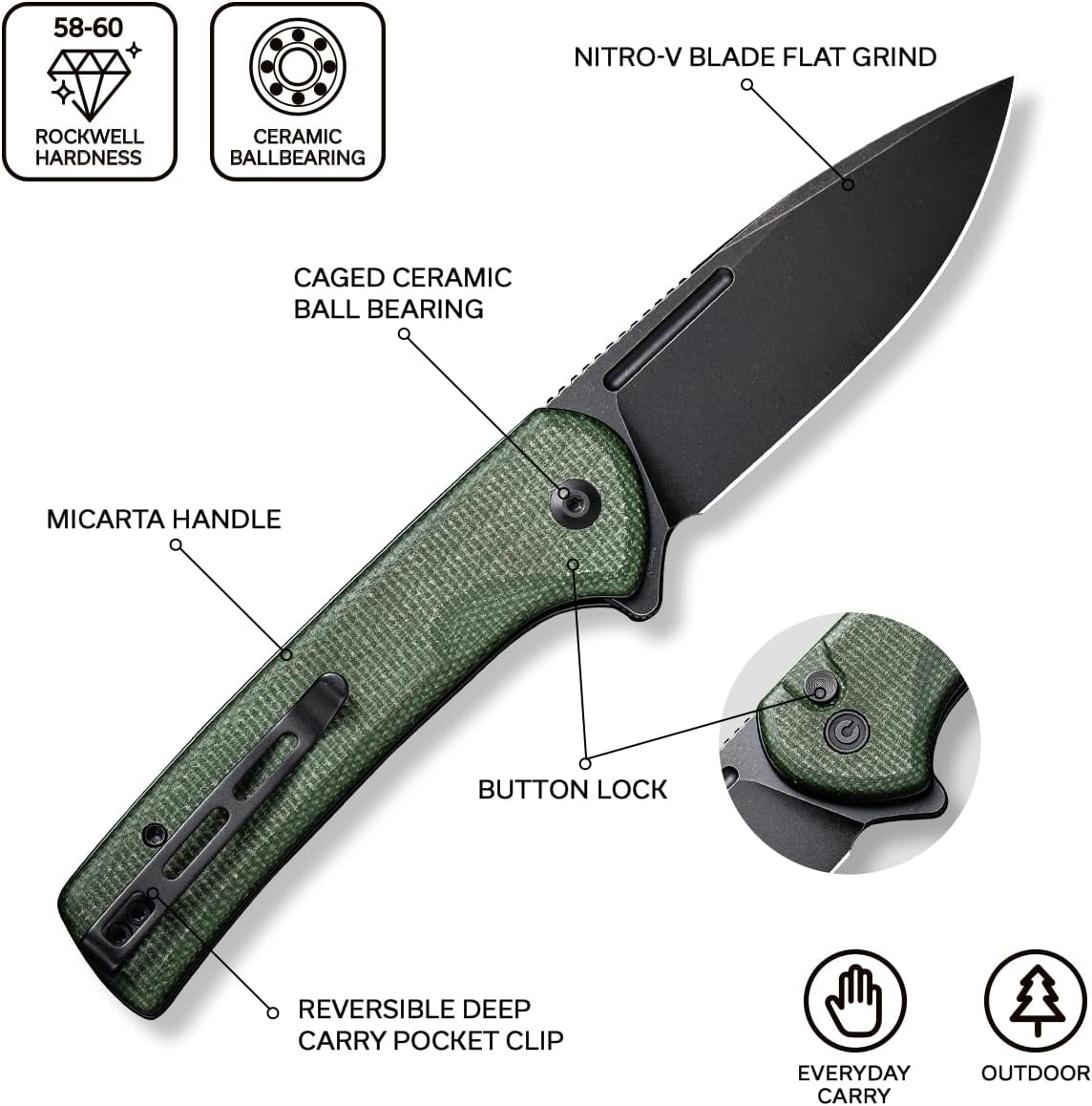 CIVIVI Conspirator Pocket Folding Knife 3.48in Blade, Micarta Handle, Button Lock