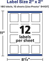 Avery Matte White Removable Square Labels, Sure Feed Technology, Print-to-The-Edge, 2" x 2", 180 Removable Labels, Laser/Inkjet Printable 180 labels