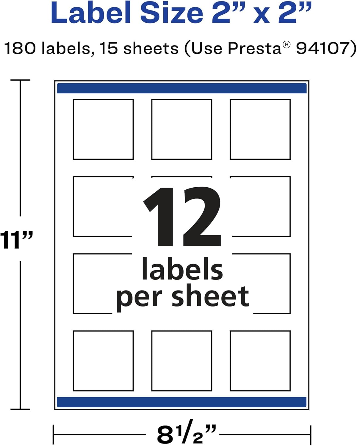 Avery Matte White Removable Square Labels, Sure Feed Technology, Print-to-The-Edge, 2" x 2", 180 Removable Labels