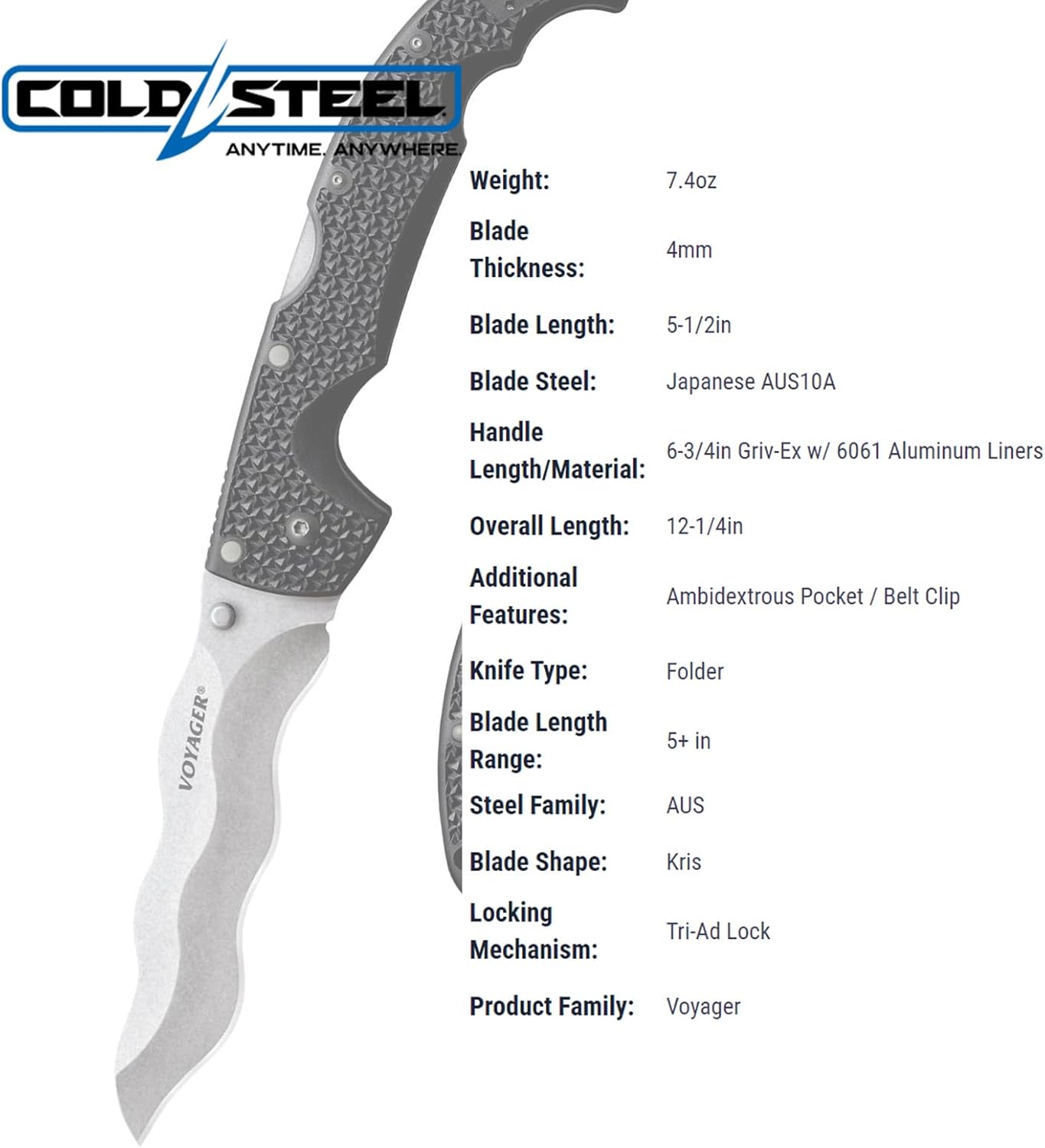 Cold Steel XL Voyager Kris Blade Folding Knife with Tri-Ad Lock