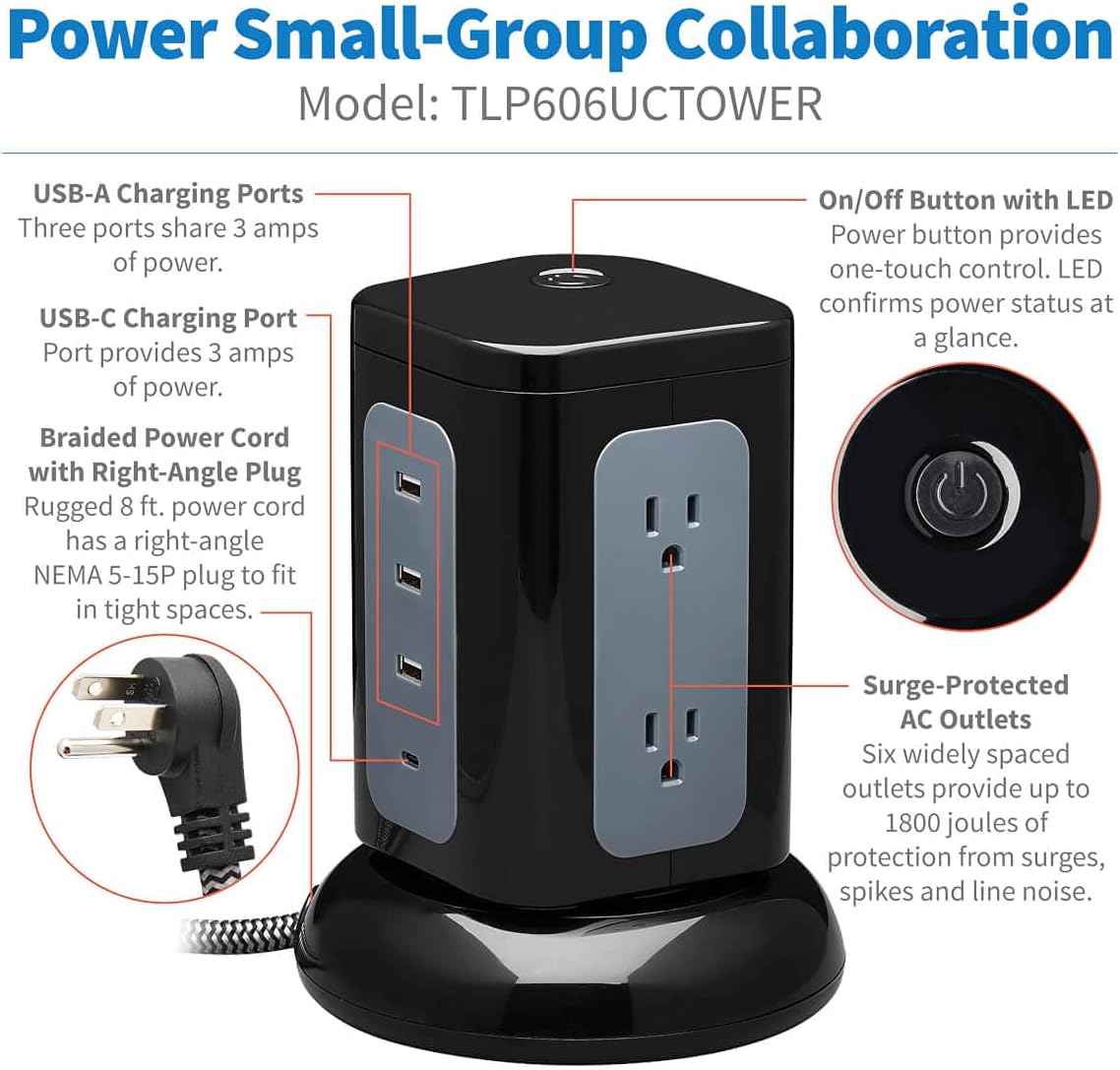 Tripp Lite TLP606UCTOWER Surge Protector Tower with USB Ports, 1800 Joules, 6-Outlets, 3 USB-A + 1 USB-C, 8ft Cord