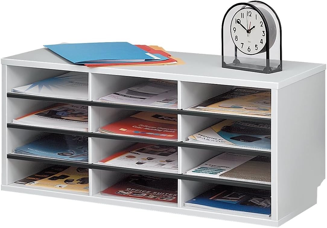 Fellowes 25004 12-Section Compartment Sorter, Melamine Laminated, Dove Gray