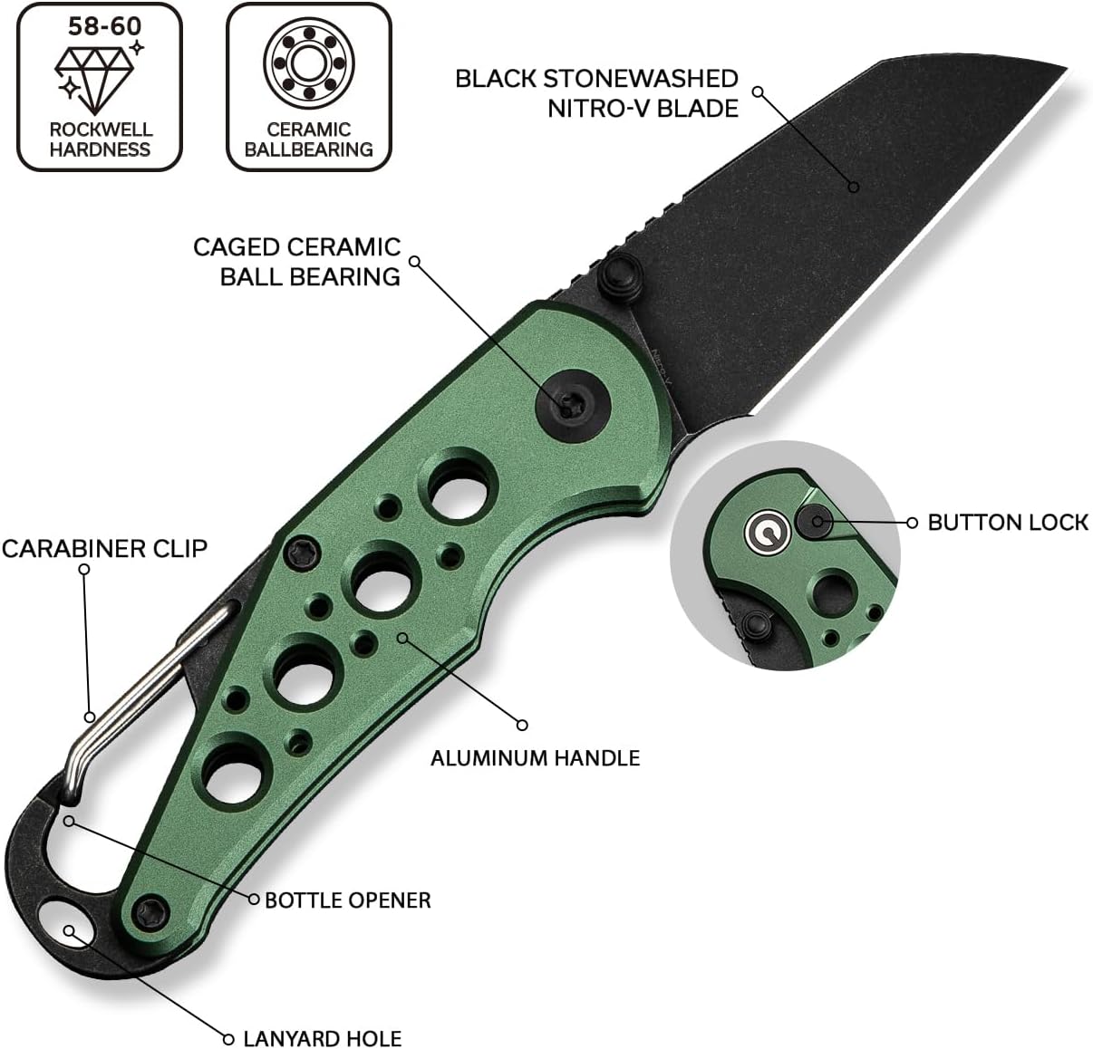 CIVIVI Pragma Folding Knife 2.2" Wharncliffe, Aluminum Handle, Carabiner & Bottle Opener