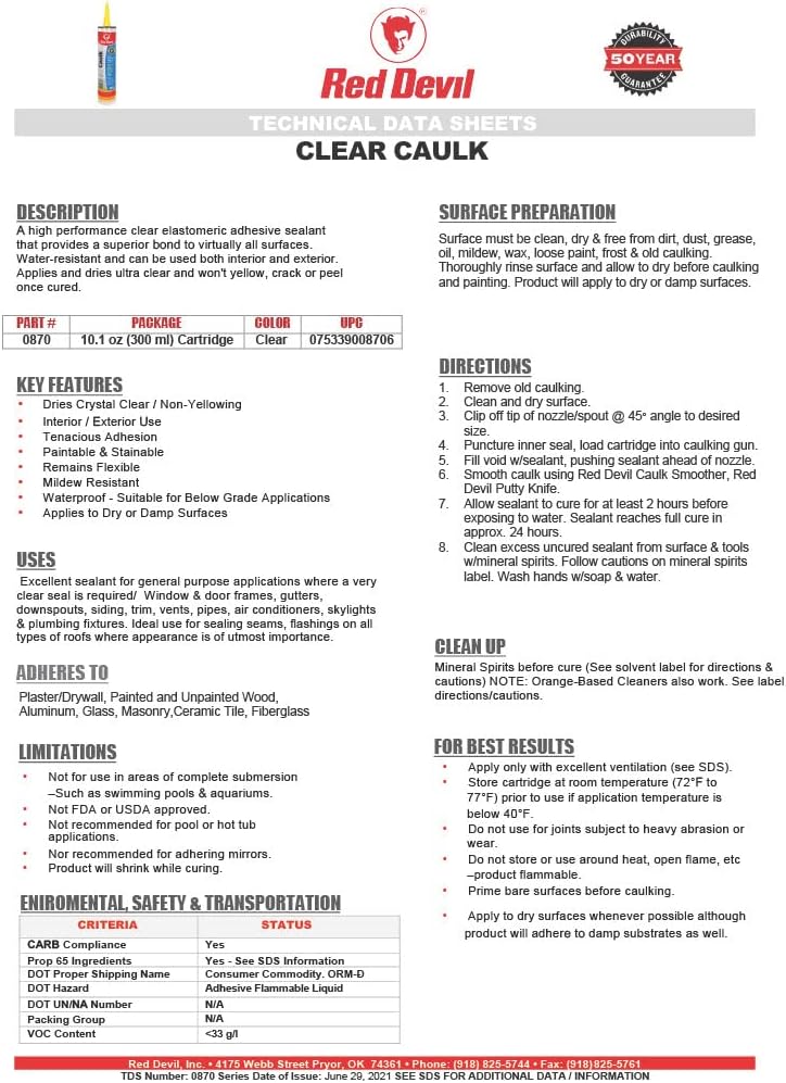 Red Devil 0870 Clear Caulk High Performance Adhesive Sealant, 10.1 Oz., Clear, 1 Pack