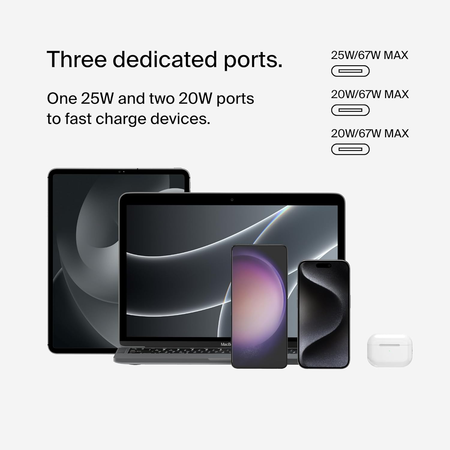 Belkin 3-Port USB C Charger Block 67W - PPS, USB-C PD 3.1 Enabled Fast Charging Charger for iPhone 16, MacBook Pro, AirPods