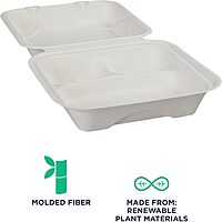 ECO PRODUCTS Compostable 8" Clamshell To Go Containers, Case of 200, 3 Compartment, Square Take Out Food Box, White Renewable Molded Fiber, Microwaveable & Freezable, Grease & Cut Resistant, ASTM