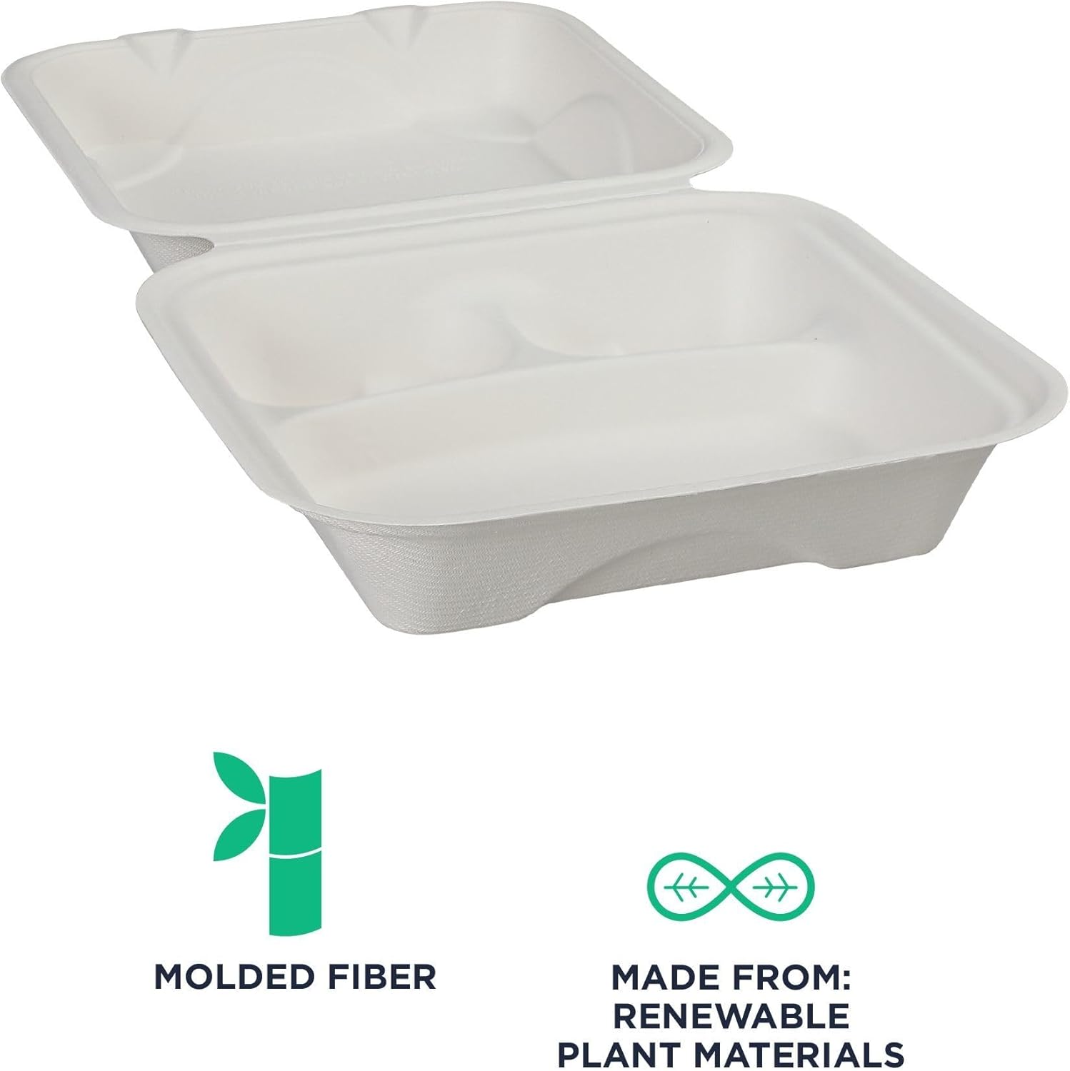ECO PRODUCTS Compostable 8" Clamshell To Go Containers, Case of 200, 3 Compartment, Square Take Out Food Box