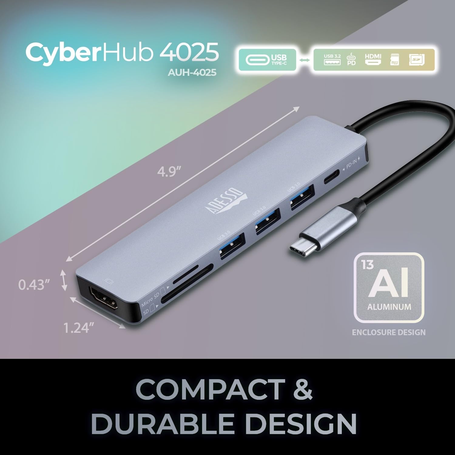 Adesso AUH-4025 USB C Docking Station Multiport Adapter Type C Hub Supports USB C to x1 4K HDMI, 3X USB-A 3.2, 1x PD