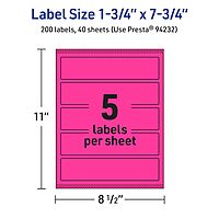 Avery Printable Rectangle Labels, Sure Feed Technology, 1.75 x 7.75, Neon Magenta, Print-to-The-Edge, Laser/Inkjet Printable