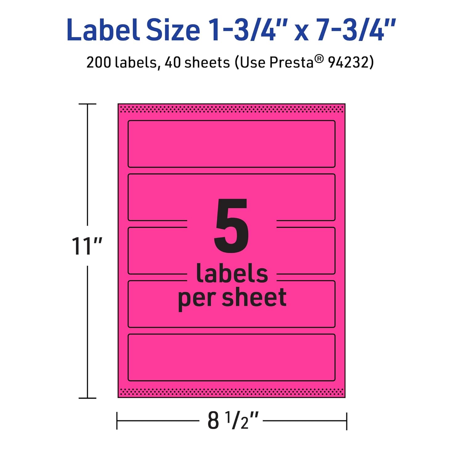 Avery Printable Rectangle Labels, Sure Feed Technology, 1.75 x 7.75, Neon Magenta, Print-to-The-Edge, Laser/Inkjet Printable