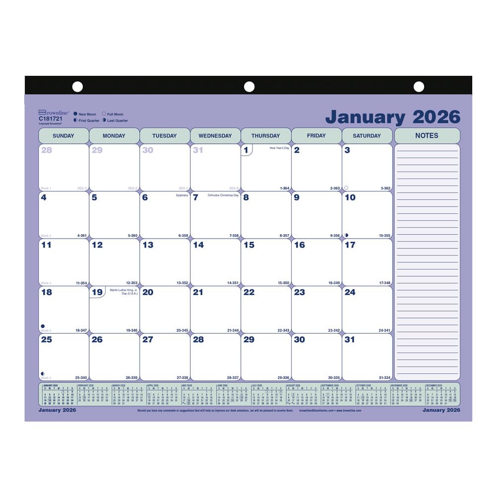 Brownline® 2026 Monthly Desk Pad Calendar, 12 Months, January to December, Three-Hole Punched, 11" x 8.5" (C181721-26)