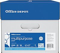 Office Depot Multi-Use Printer & Copy Paper, 5 Reams, White, Ledger (11in x 17in), 2500 Sheets Per Case, 20 Lb, 96 Brightness