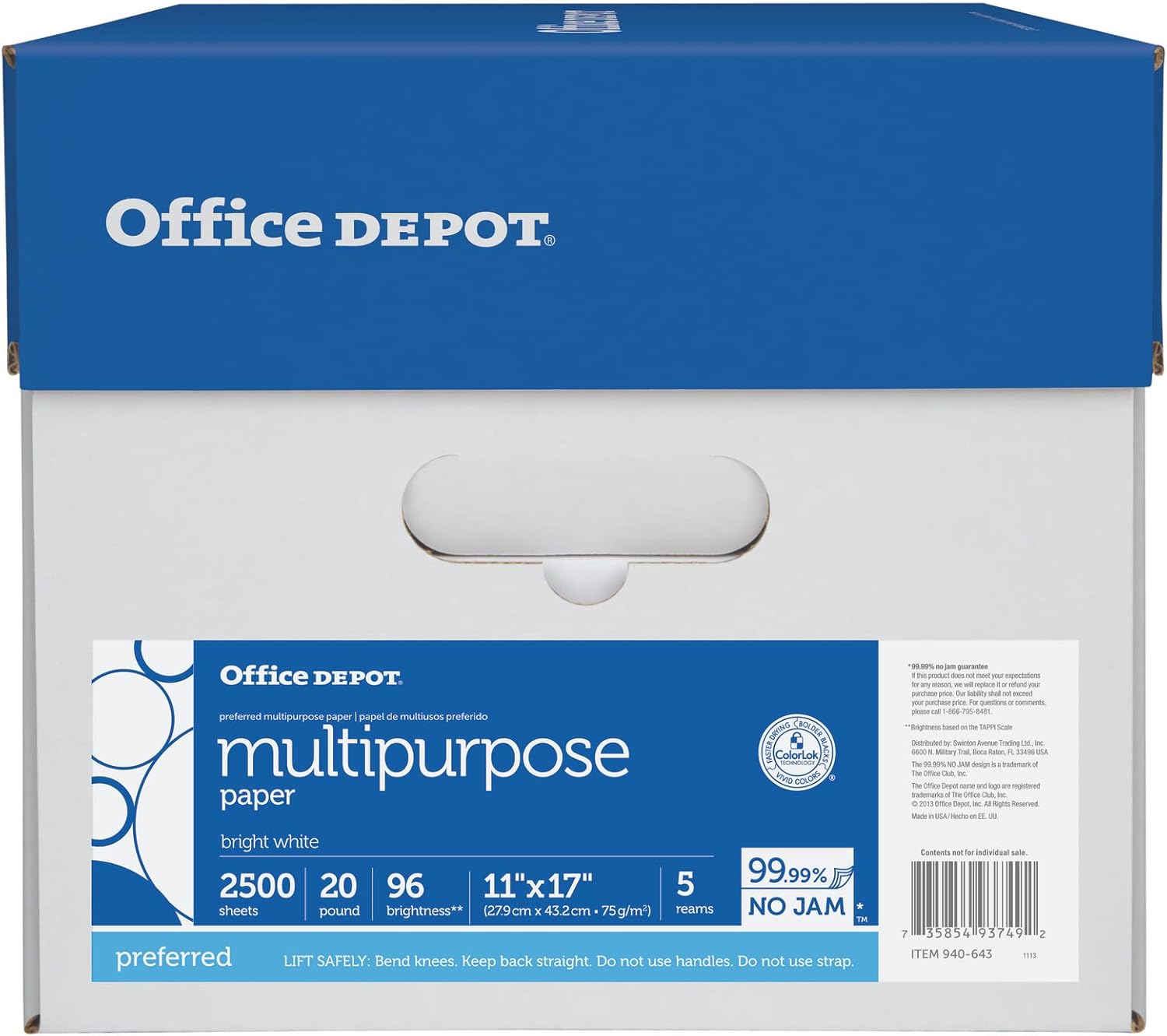 Office Depot Multi-Use Printer & Copy Paper, 5 Reams, White, Ledger (11in x 17in), 2500 Sheets Per Case, 20 Lb, 96 Brightness
