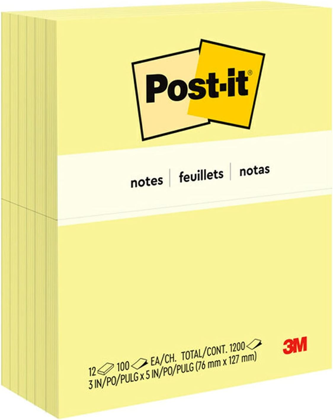 Post-it Notes, 3 in x 5 in, 12 Sticky Notes Pads, 100 Sheets per Pad, Canary Yellow, The Original Post-it Note