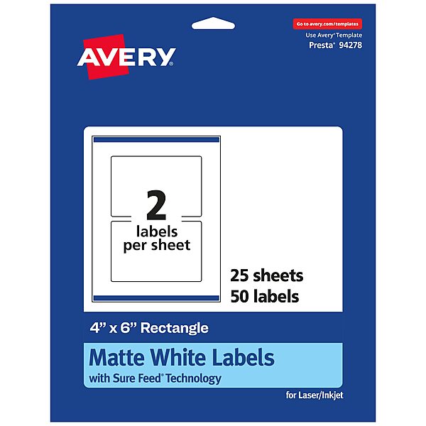 Avery Matte White Rectangle Labels, Sure Feed Technology, 4" x 6", Print-to-The-Edge, Permanent Adhesive
