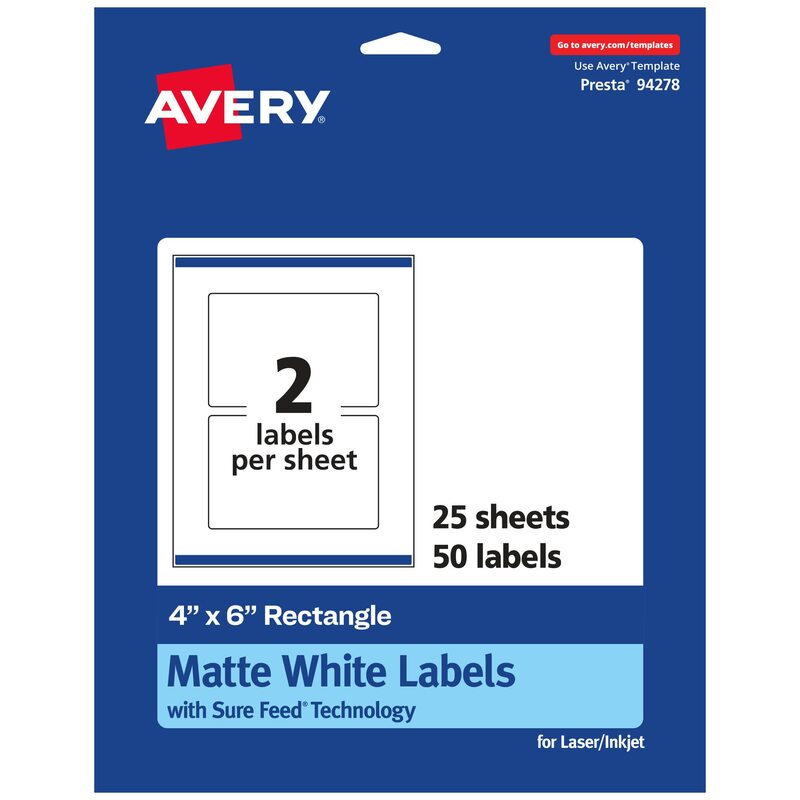 Avery Matte White Rectangle Labels, Sure Feed Technology, 4" x 6", Print-to-The-Edge, Permanent Adhesive