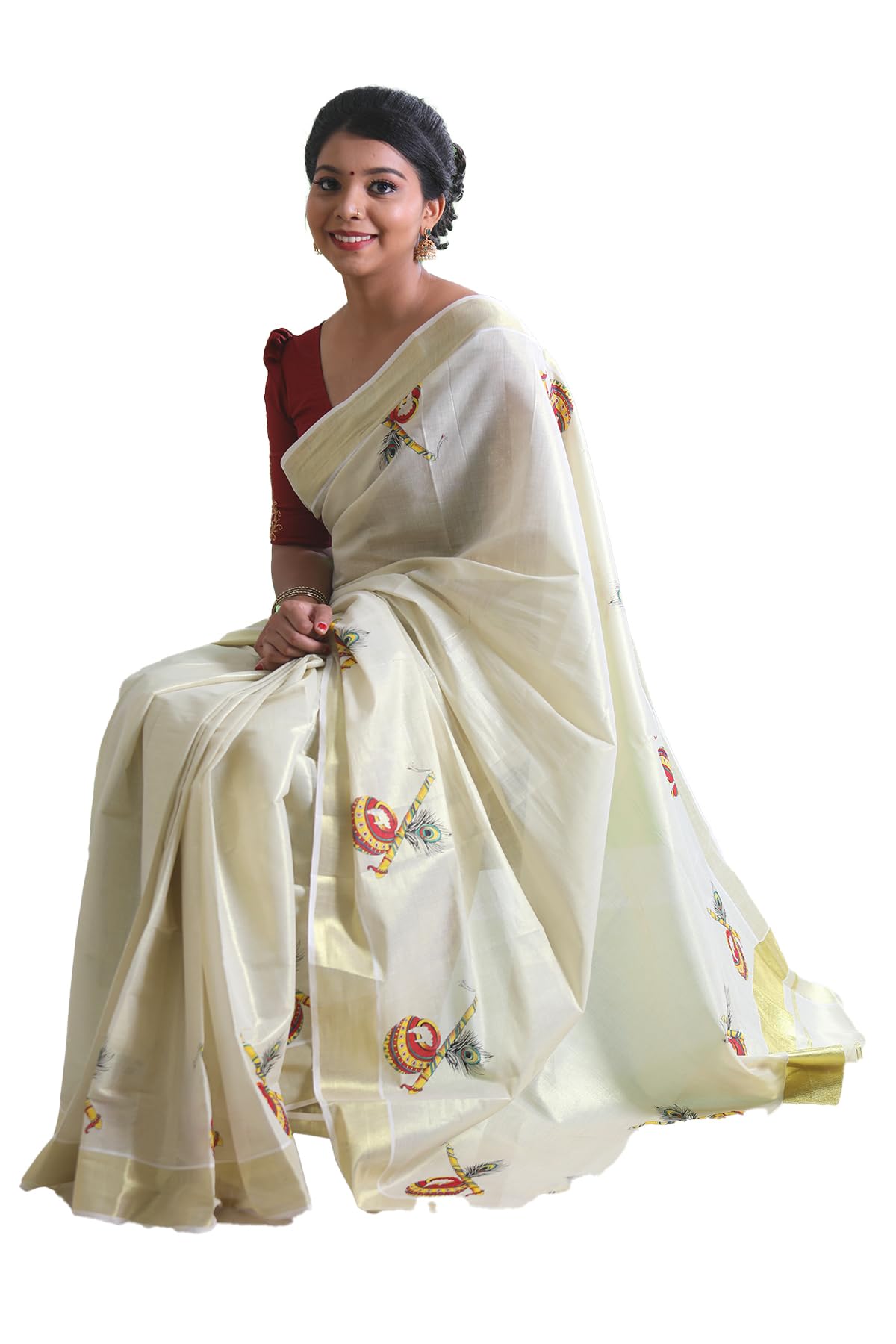 Kuthampully Kerala Kasavu Saree Tissue Mural Painted | Traditional South Indian Saree | Onam Saree | Kerala Saree - Multi Color EKM-774