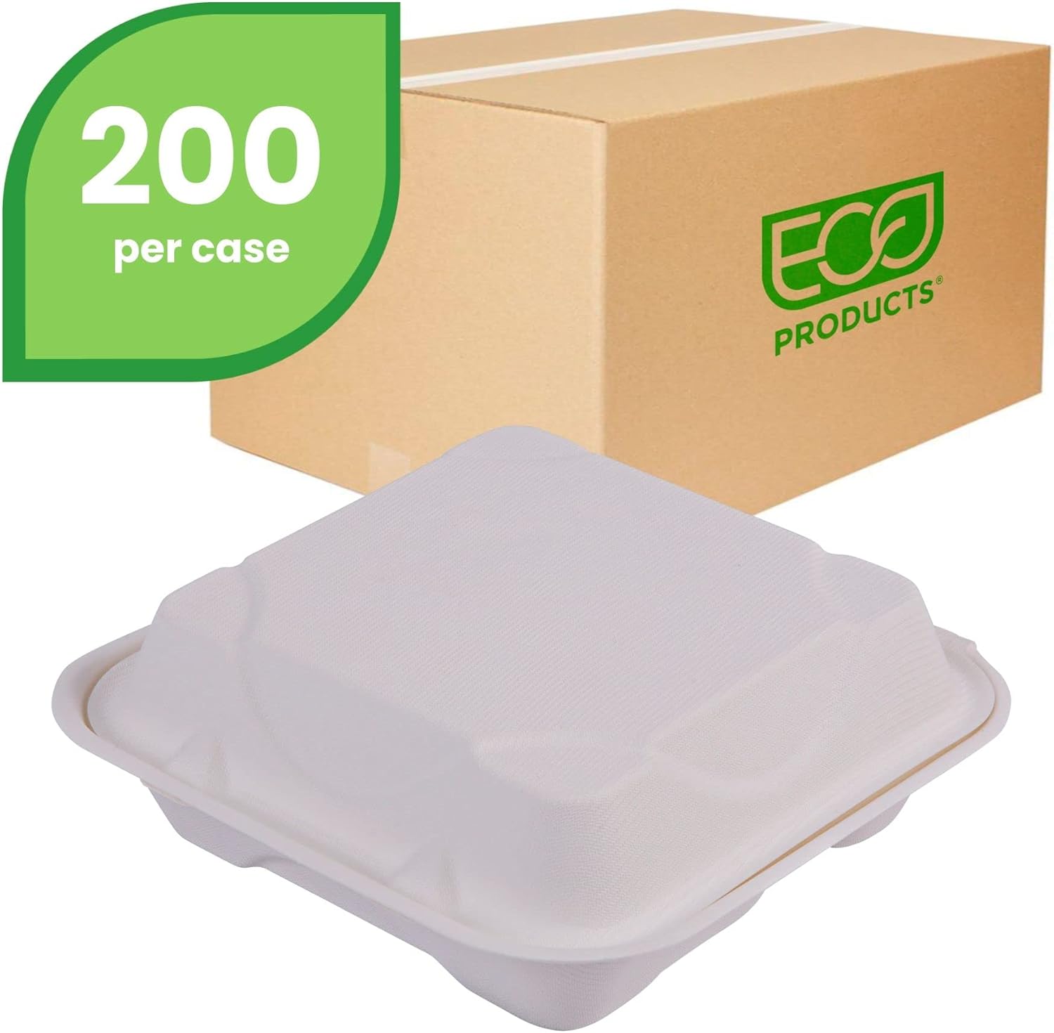 ECO PRODUCTS Compostable 8" Clamshell To Go Containers, Case of 200, 3 Compartment, Square Take Out Food Box