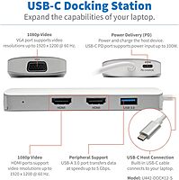 Tripp Lite USB C Docking Station w/ USB-A Hub, x2 HDMI, PD Charging 1080p @ 60Hz, Portable, Thunderbolt 3 Silver (U442-DOCK12-S)