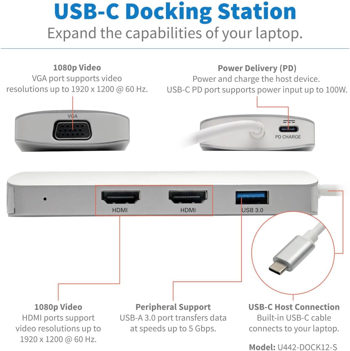 Tripp Lite USB C Docking Station w/ USB-A Hub, x2 HDMI, PD Charging 1080p @ 60Hz, Portable