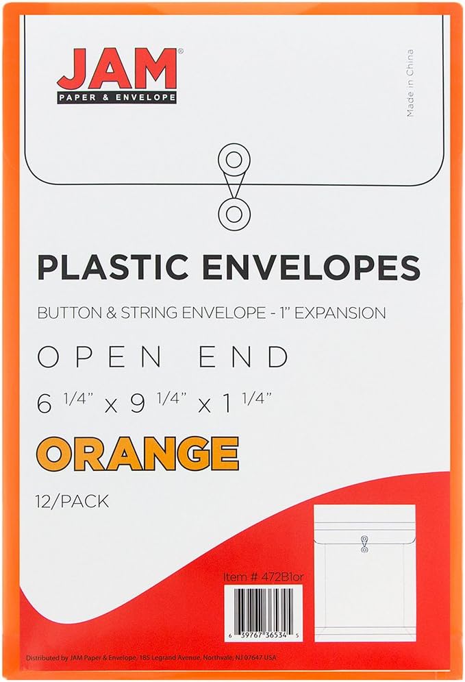 JAM PAPER Open-End Plastic Envelopes, Button & String