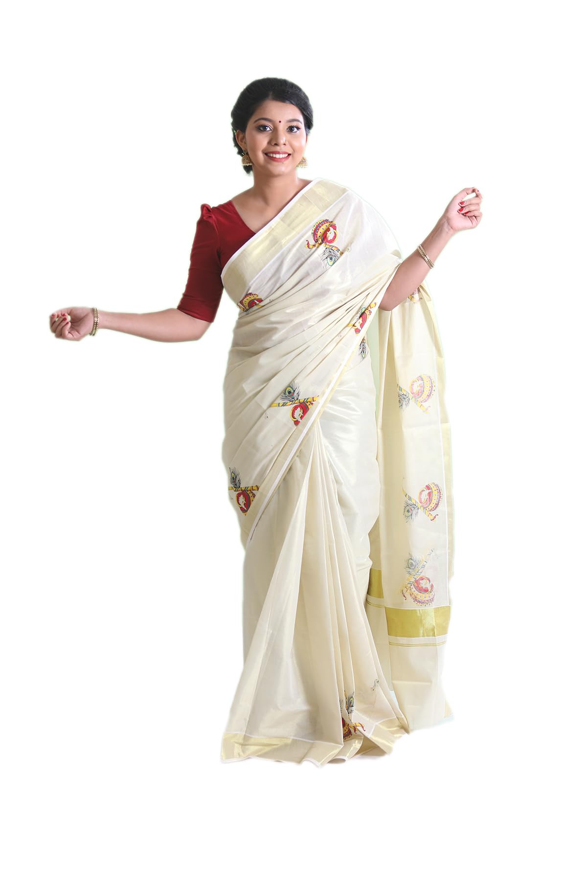 Kuthampully Kerala Kasavu Saree Tissue Mural Painted | Traditional South Indian Saree | Onam Saree | Kerala Saree - Multi Color EKM-774