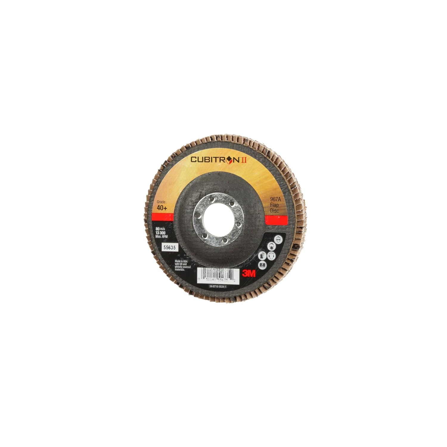 3M Cubitron II Flap Disc 967A, 40+, T27, 4-1/2 in x 7/8 in, Giant, Pack of 10, Medium Pressure Applications, Light Deburring