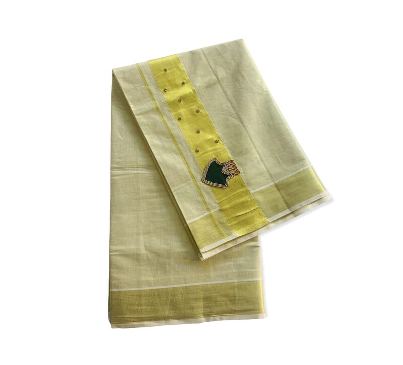 ALLUVY Kuthampully Kerala Kasavu Sarees For Women | Handcrafted Palakka Aari work Kerala Sarees | Tissue Onam Saree With Running Blouse | South Indian Sarees | EKM-668 (Dark Green)