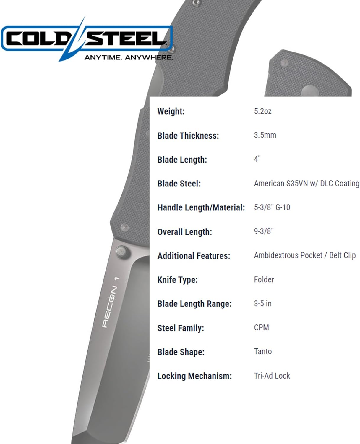 Cold Steel Recon 1 4" S35VN 5.375" G-10 Tactical Folding Knife w/Tri-Ad Lock