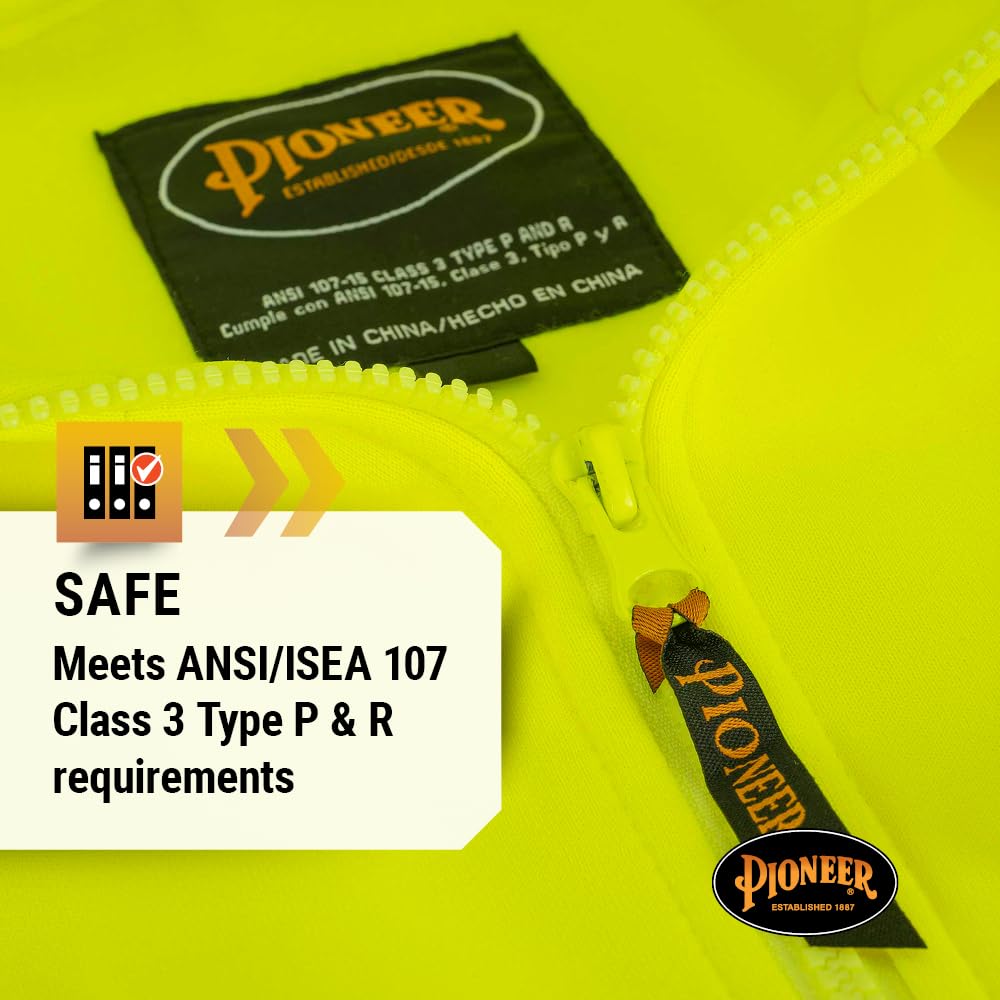 Pioneer High Visibility Safety Hoodie – Reflective Hi Vis Sweatshirt Jacket with Zipper, Pockets – Polyester Fleece