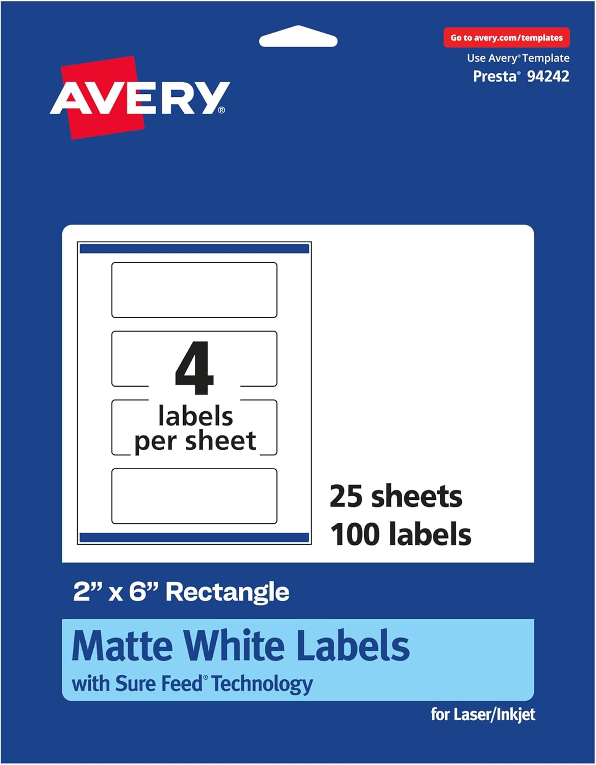 Avery Matte White Rectangle Labels, Sure Feed Technology, 2" x 6"