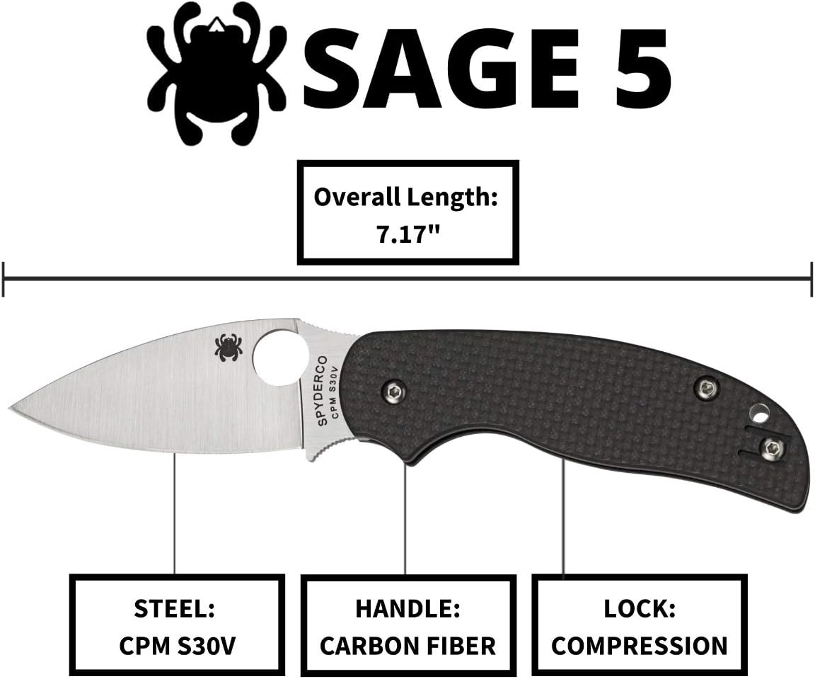 Spyderco Sage 5 Alzheimers Folding Knife - Black Carbon Fiber Laminate Handle, PlainEdge, Full-Flat Grind