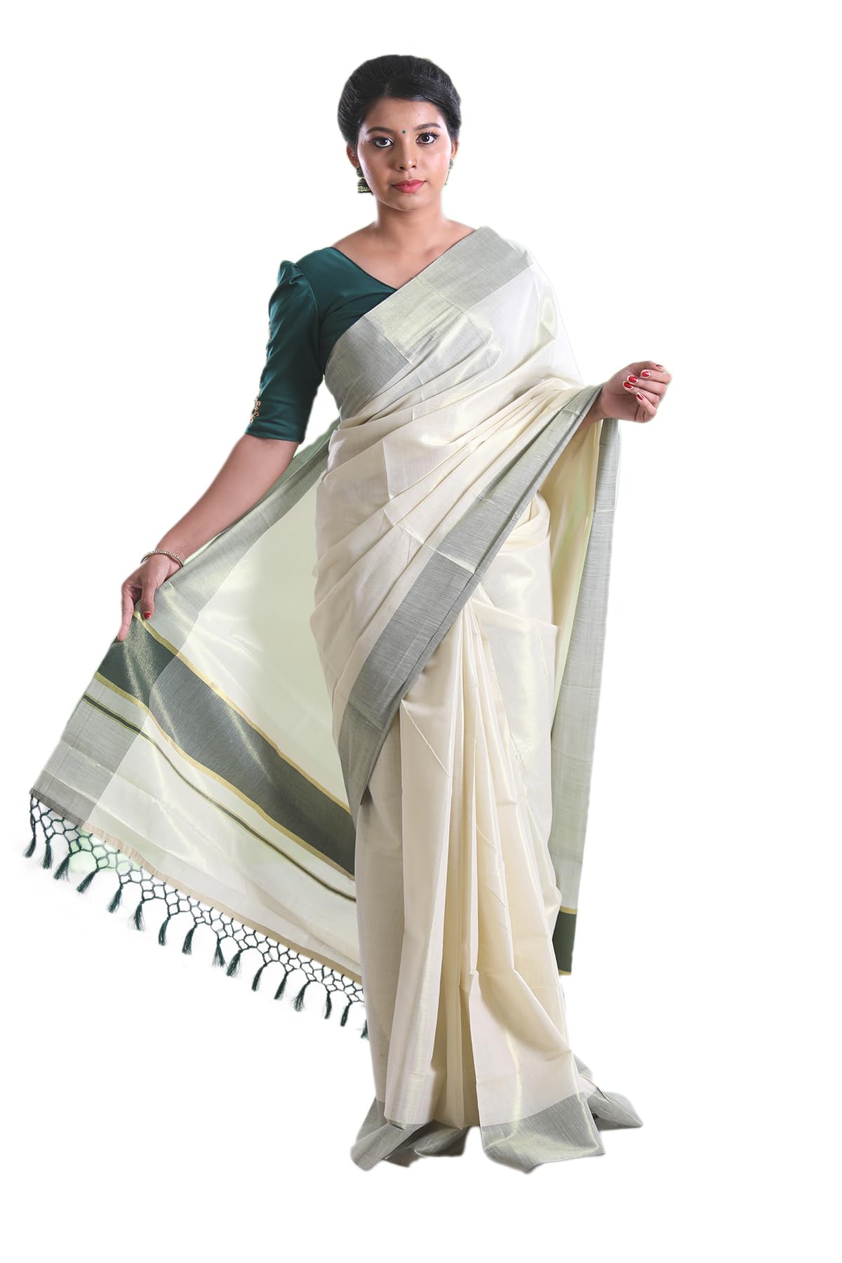 ALLUVY Kuthampully Kerala Saree |Traditional South Indian Sarees |Onam Tissue Kasavu Saree |Authentic South Cultural Sarees | Women's Plain Zari Kasavu | EKM-776 (Dark Green)