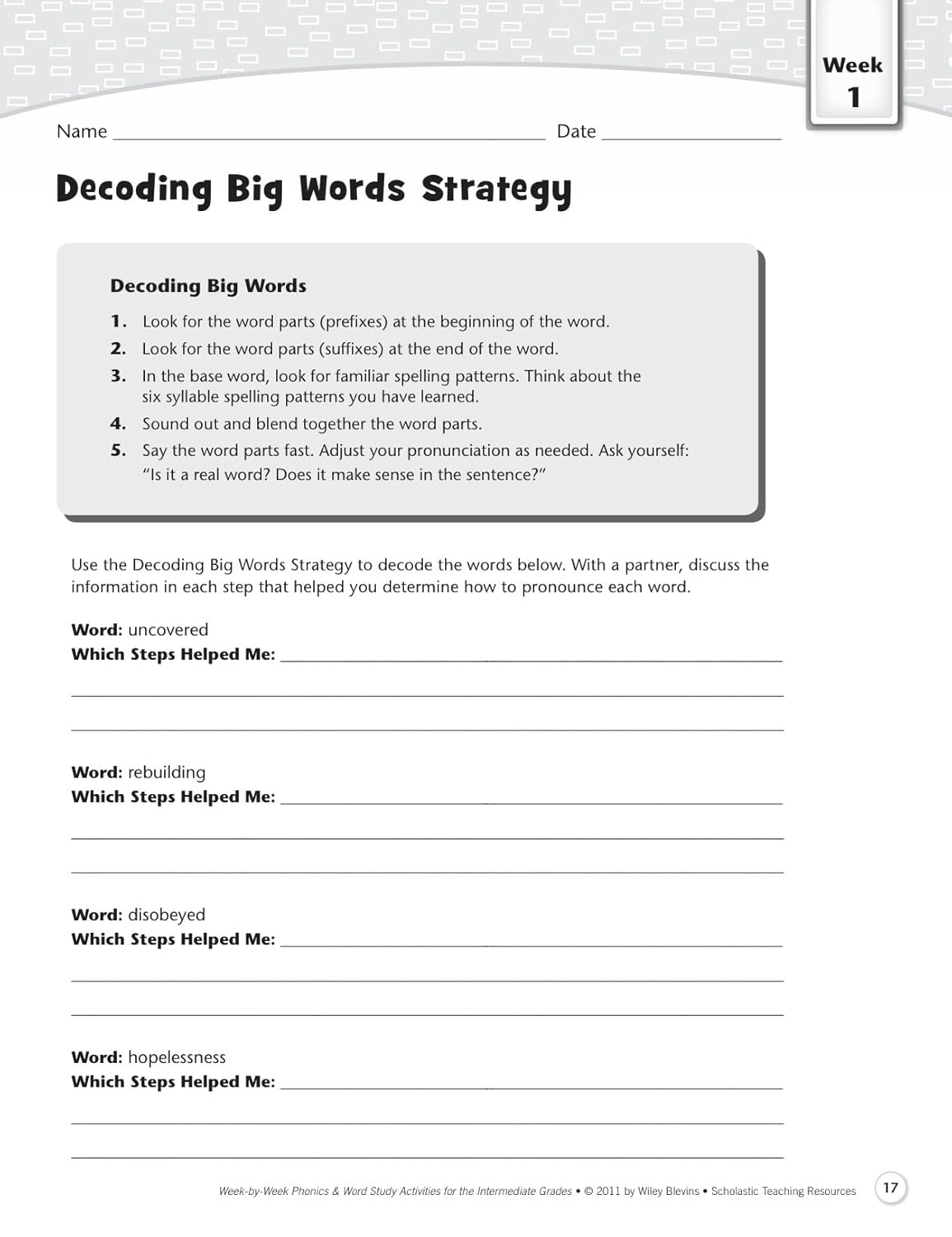 Scholastic Week By Week Phonics and Word Study for the Intermediate Grades, Grades 3-6