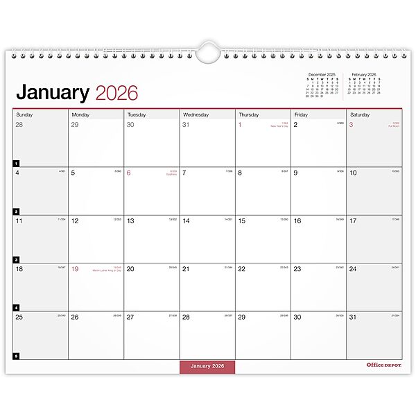 Office Depot Brand Monthly Wall Calendar, 15" x 12", White, January 2026 to December 2026, OD30242826