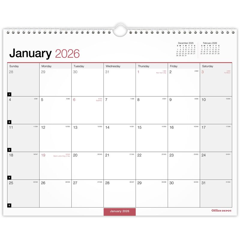 Office Depot Brand Monthly Wall Calendar, 15" x 12", White, January 2026 to December 2026, OD30242826