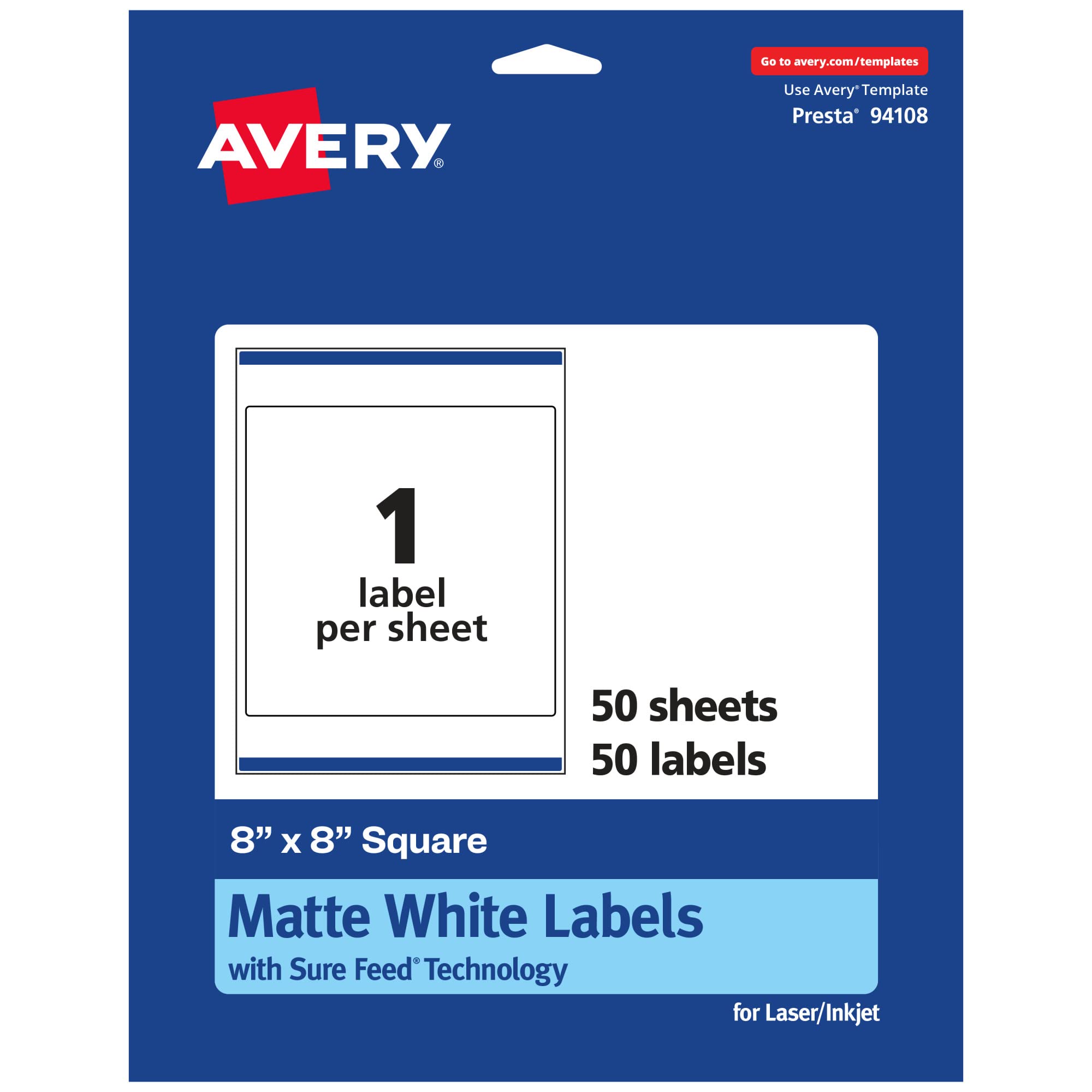 Avery Matte White Square Labels, Sure Feed Technology, 8" x 8"