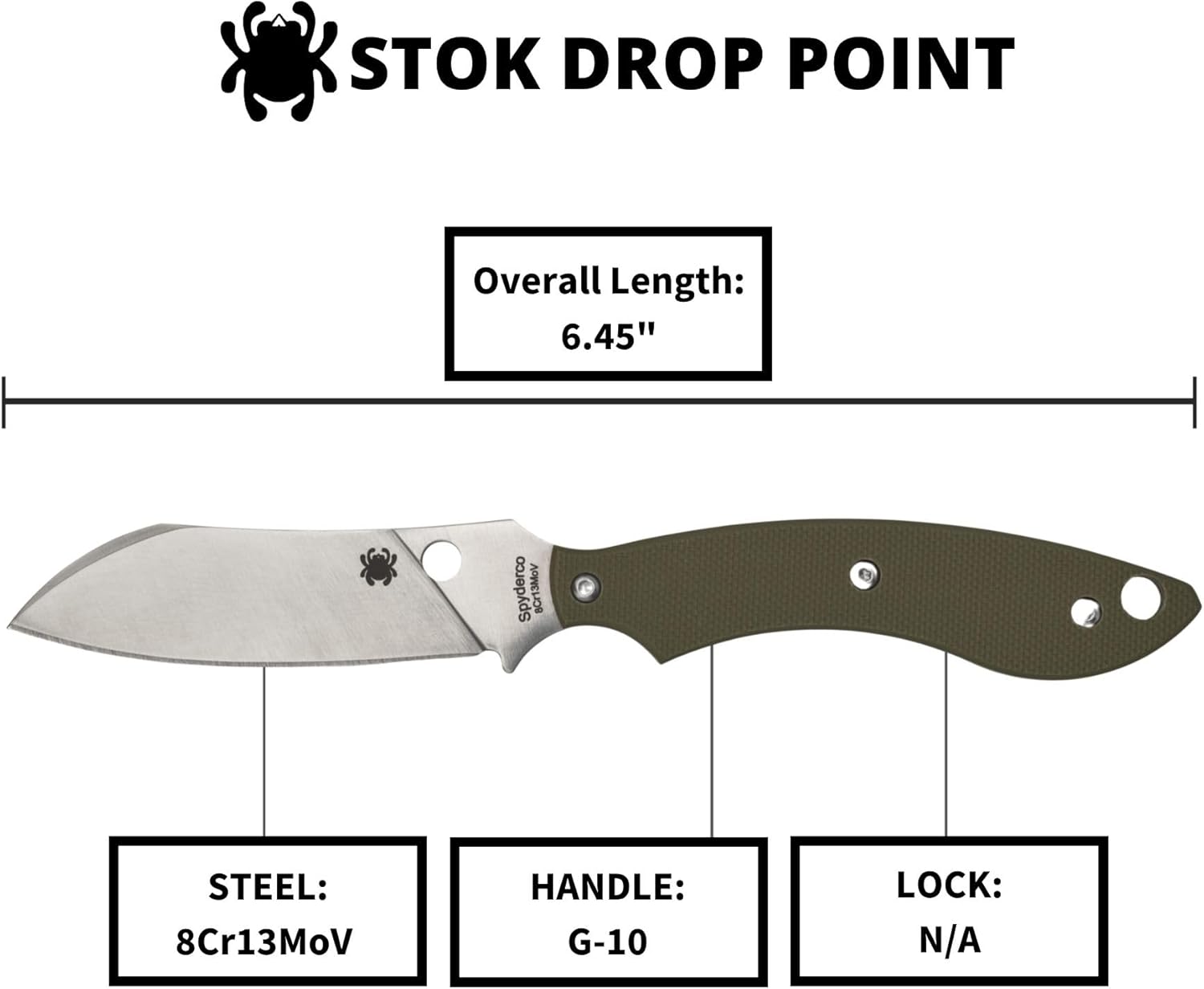 Spyderco Stok Drop Point Compact Fixed Knife - 8Cr13MoV Steel Blade with G-10 Handle, Full-Flat Grind, PlainEdge - FB50GPOD