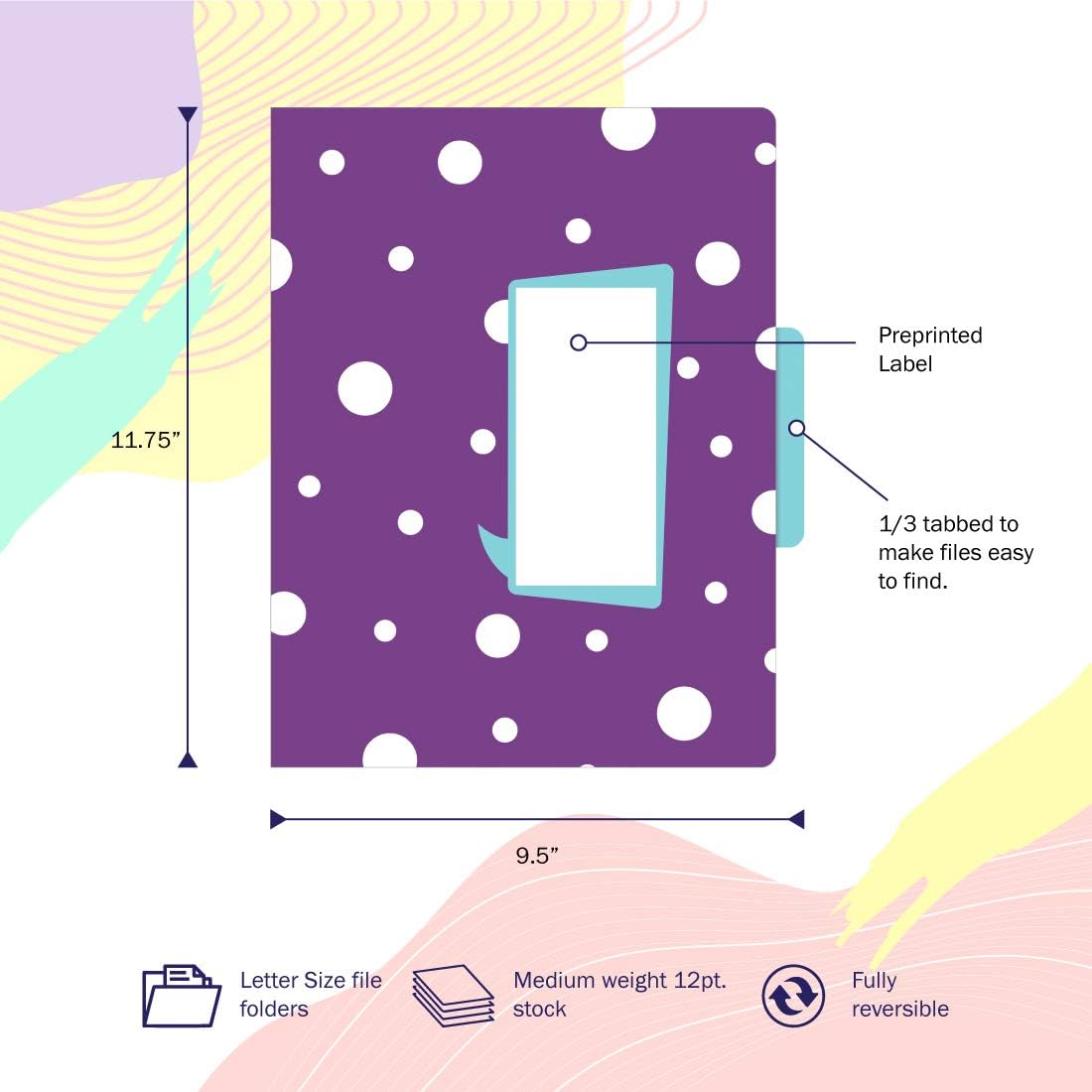 Barker Creek Designer File Folders, Happy, Multi-Design Set with Bright Patterns on Outside, Vibrant Solid Colors on Inside