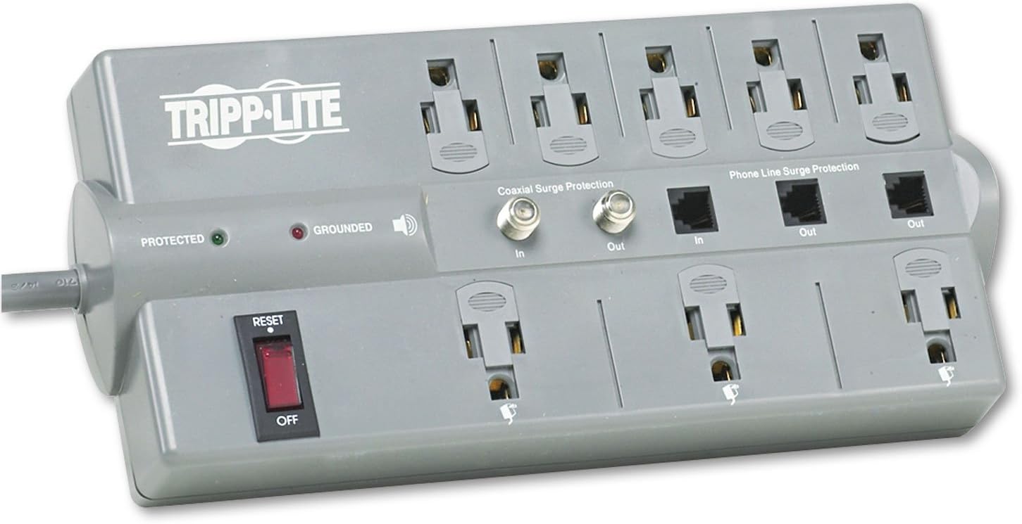 Tripp Lite TLP808TELTV TLP808TELTV Surge Suppressor, 8 Outlets, 8 ft Cord, 2160 Joules, Dark Gray