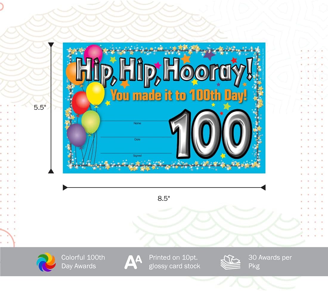 Barker Creek Recognition Awards, 100th Day, Celebrate Student Achievements with These Colorful Awards, 8.5" x 5.5"
