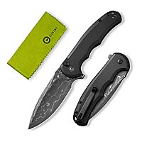 CIVIVI Button Lock Praxis Pocket Knife for EDC, Upgrade Folding Knife with Flipper 3.75" Damascus Blade plus Aluminum Handle