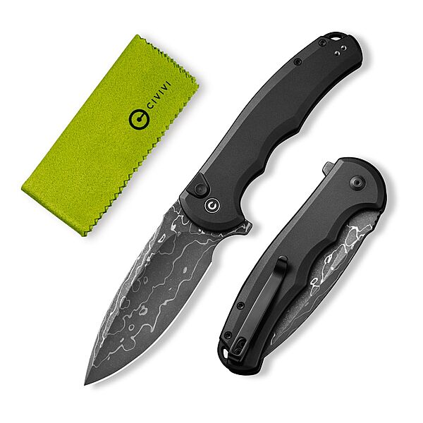 CIVIVI Button Lock Praxis Pocket Knife for EDC, Upgrade Folding Knife with Flipper 3.75" Damascus Blade plus Aluminum Handle