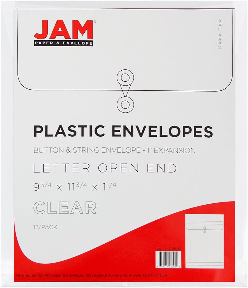 JAM PAPER Open-End Plastic Envelopes, Button & String
