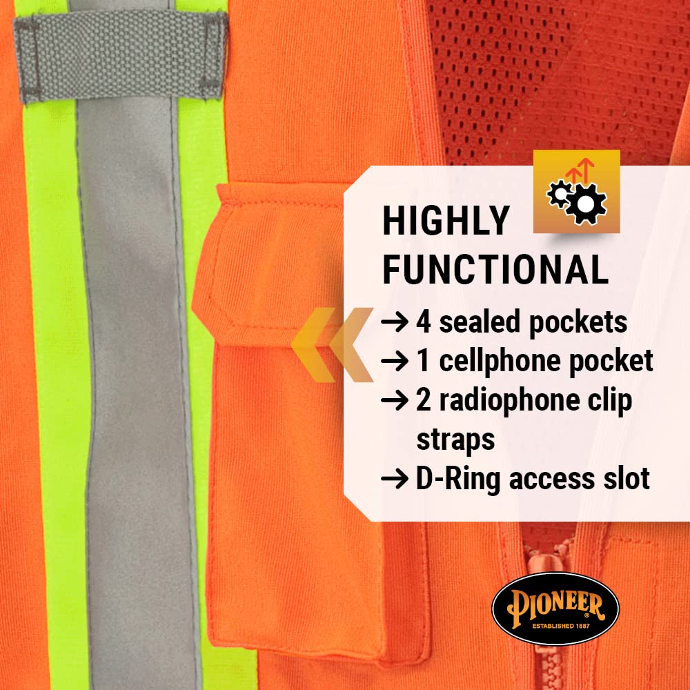 Pioneer Hi Vis Tear-Away Mesh Back Safety Vest - Reflective Tape, 4 Pockets