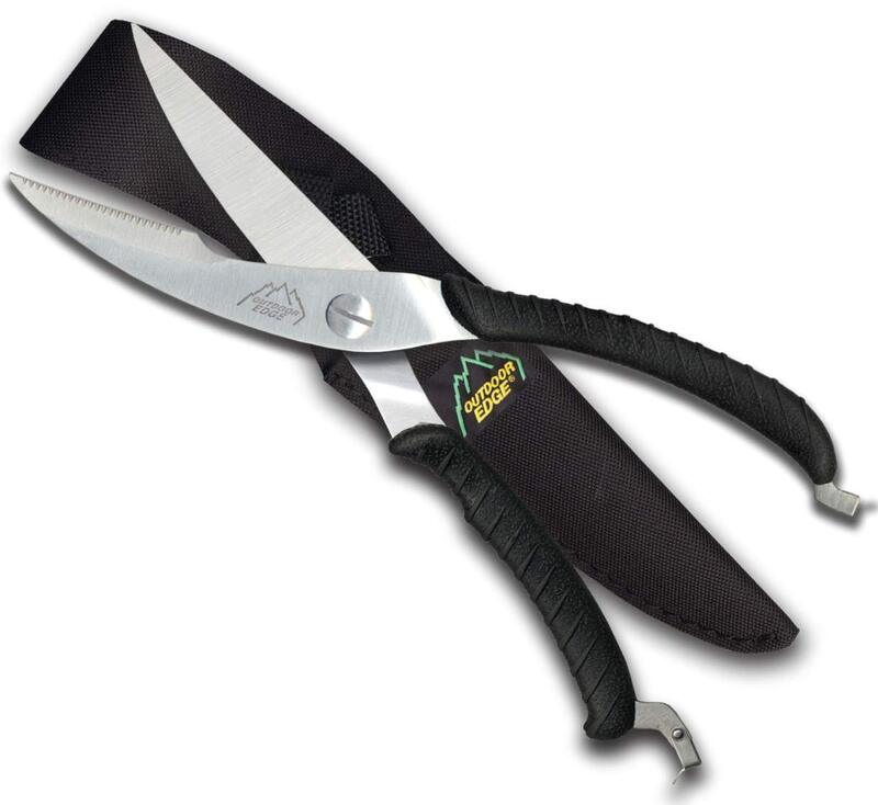Outdoor Edge Game Shears - Spring Loaded with Serrated Edge and Bone-Breaking Notch for Quartering Birds, Small Game