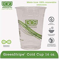 ECO PRODUCTS GreenStripe Cold Cups, 16 Oz, Clear/Green Stripe, 50 Cups Per Pack, Set Of 20 Packs