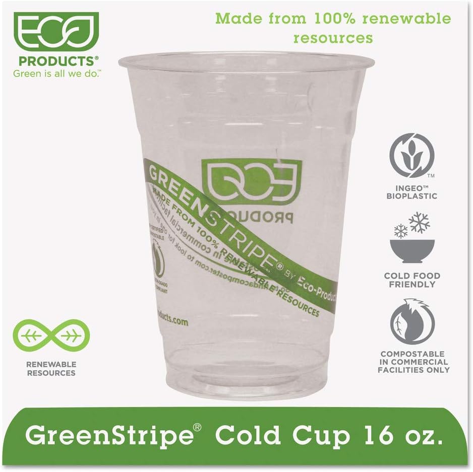 ECO PRODUCTS GreenStripe Cold Cups, 16 Oz, Clear/Green Stripe, 50 Cups Per Pack, Set Of 20 Packs