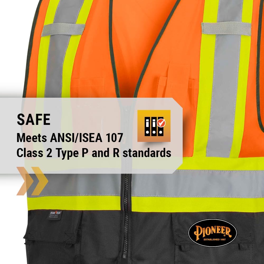 Pioneer Hi-Vis Reflective Safety Vest, Solid Neon, 8 Pockets, Zipper, Adjustable