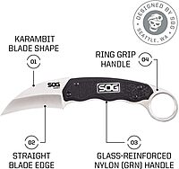 SOG Survival Karambit Knife - Gambit Curved Security Belt Knife, Full Tang Fixed 2.6 Inch Blade w/Hard Nylon Sheath and Adjustable Clip (GB1001-CP), Black